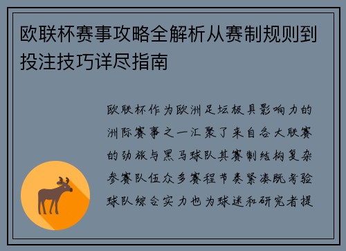 欧联杯赛事攻略全解析从赛制规则到投注技巧详尽指南