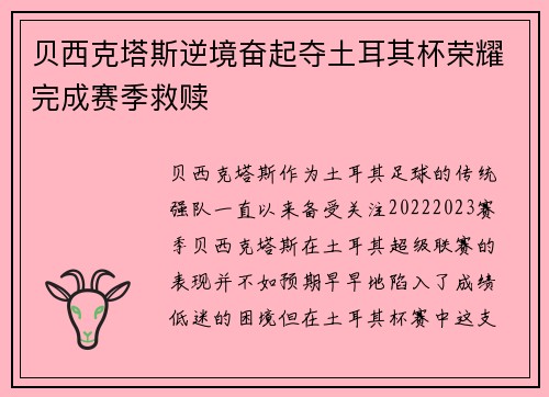 贝西克塔斯逆境奋起夺土耳其杯荣耀完成赛季救赎